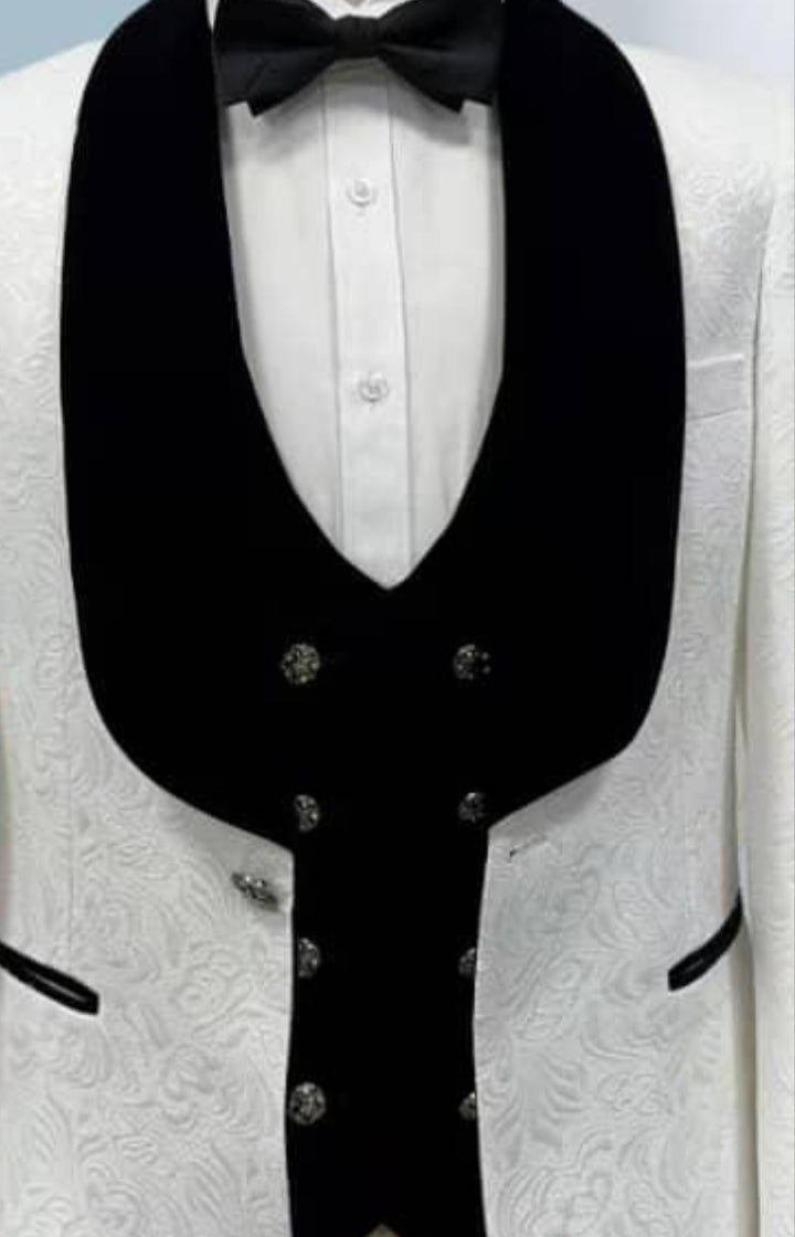 White Jacquard 3-Piece Wedding Suit with Black Velvet Lapel