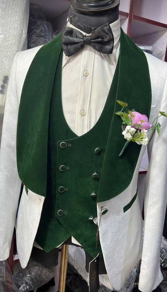 White Jacquard 3-Piece Wedding Suit with Black Velvet Lapel