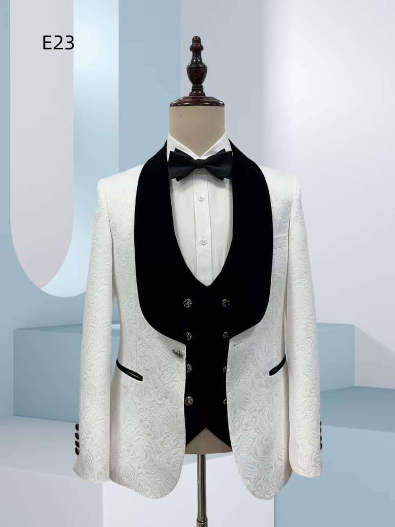 White Jacquard 3-Piece Wedding Suit with Black Velvet Lapel