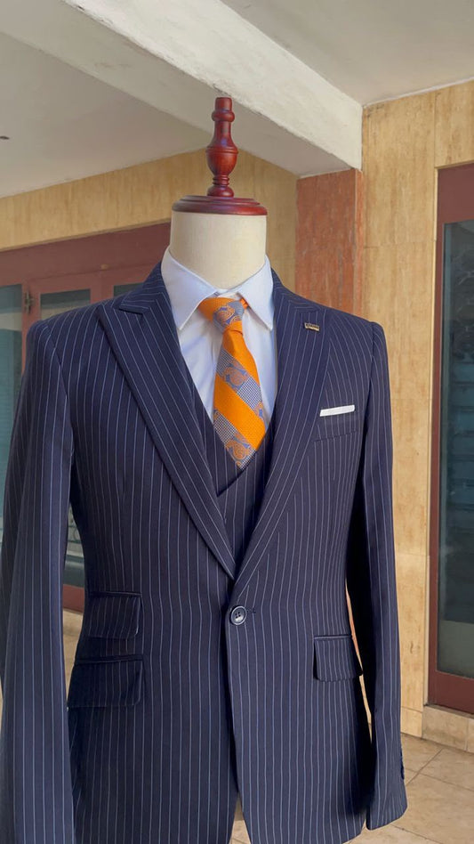 pinstripe three-piece suit -slim-fit cut and fine stripes.