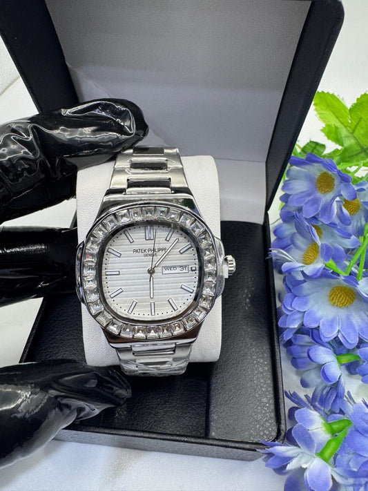 Luxury Silver Crystal Bezel Stainless Steel Men's Watch