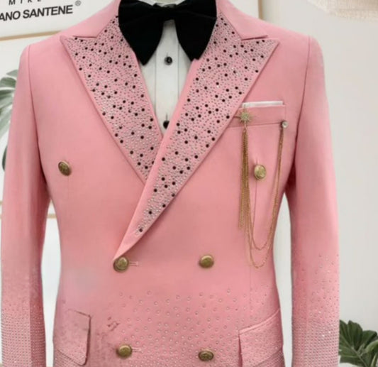 Luxury Pink Rhinestone Double-Breasted Men's Wedding Suit – Slim Fit Groom Tuxedo