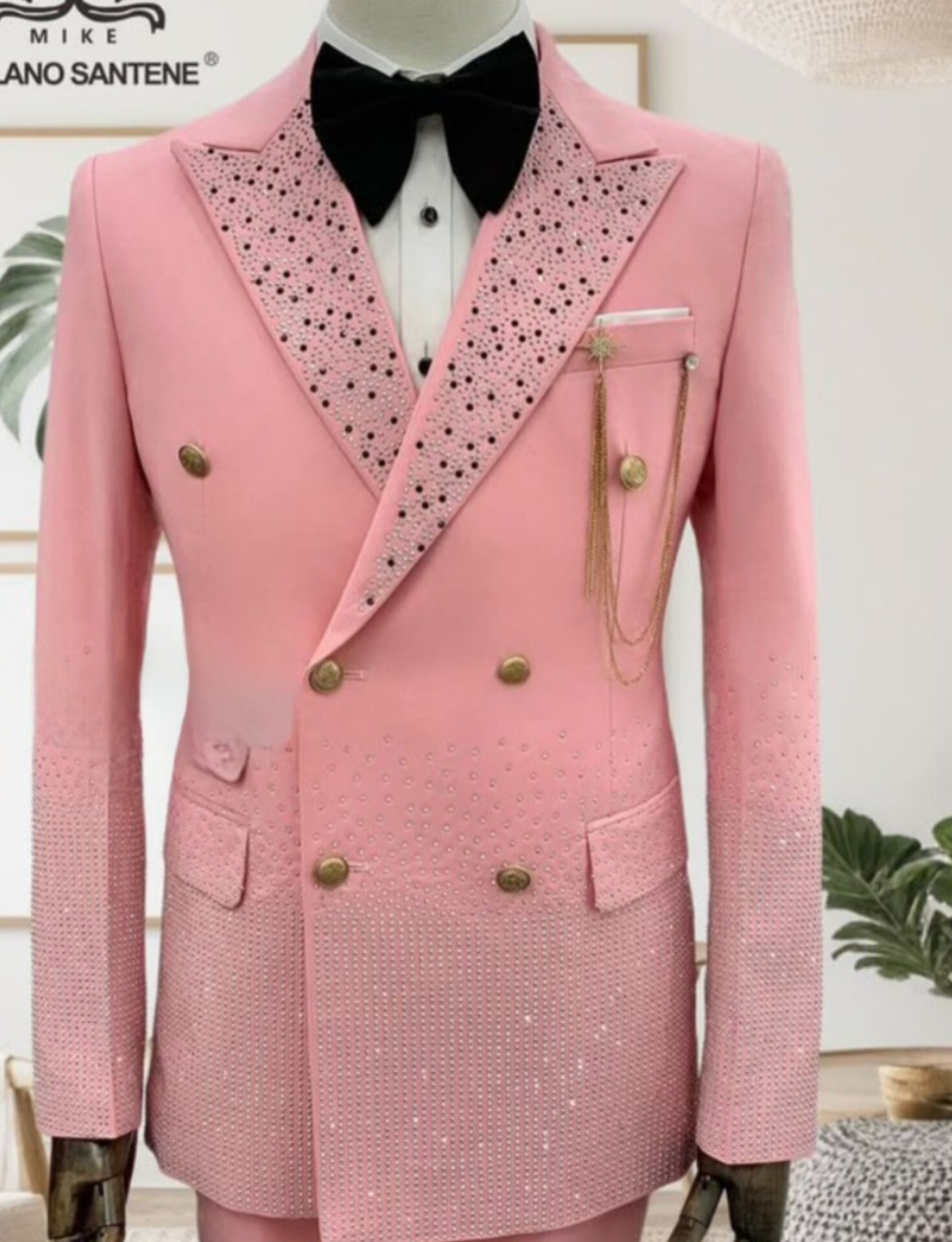 Luxury Pink Rhinestone Double-Breasted Men's Wedding Suit – Slim Fit Groom Tuxedo