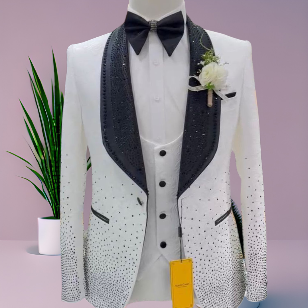 Premium Men's Wedding Suit – Black & White with Stone Embellishments