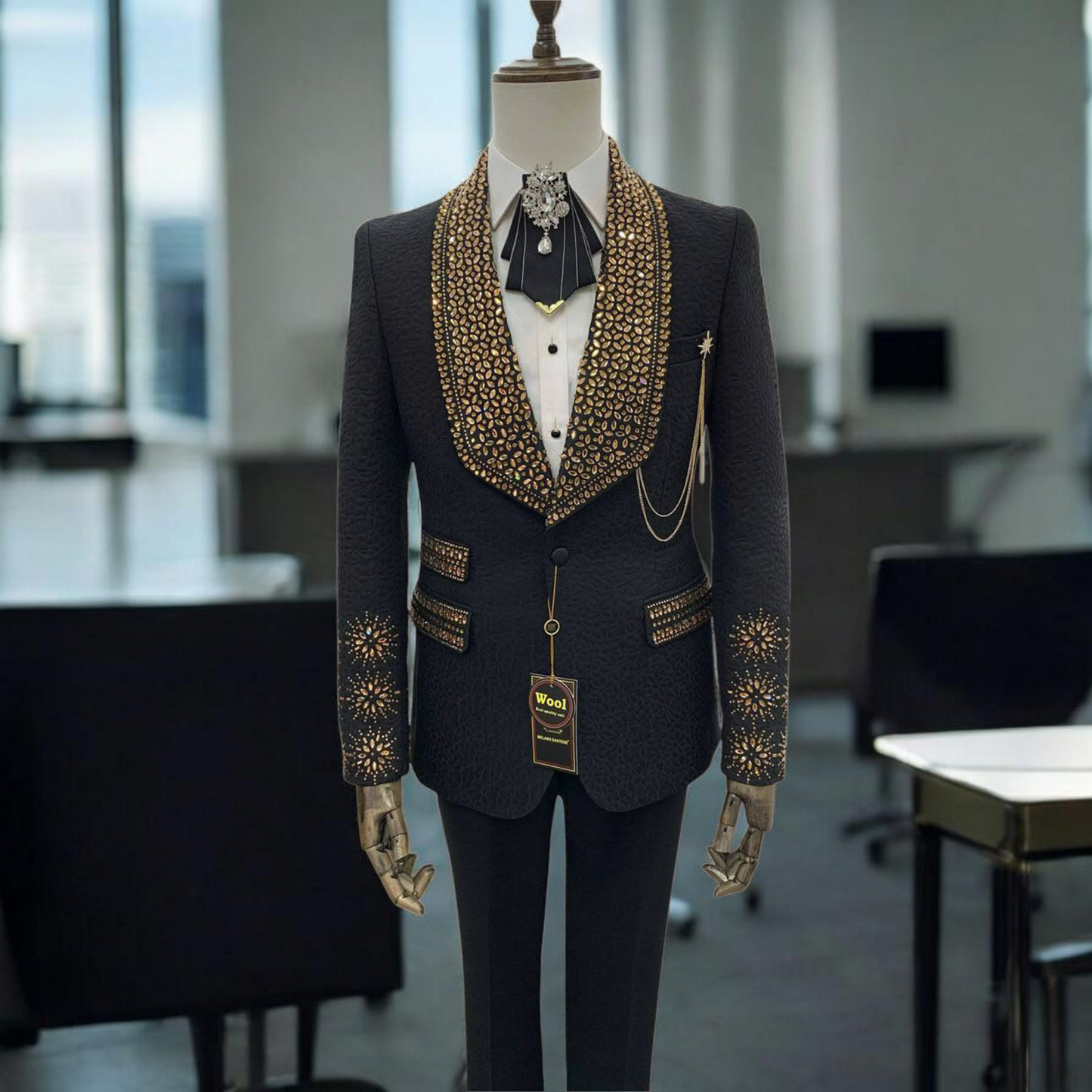 Premium Men's Wedding Suit – Black & White with Stone Embellishments