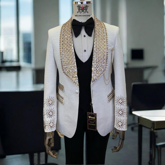 Premium Men's Wedding Suit – Black & White with Stone Embellishments