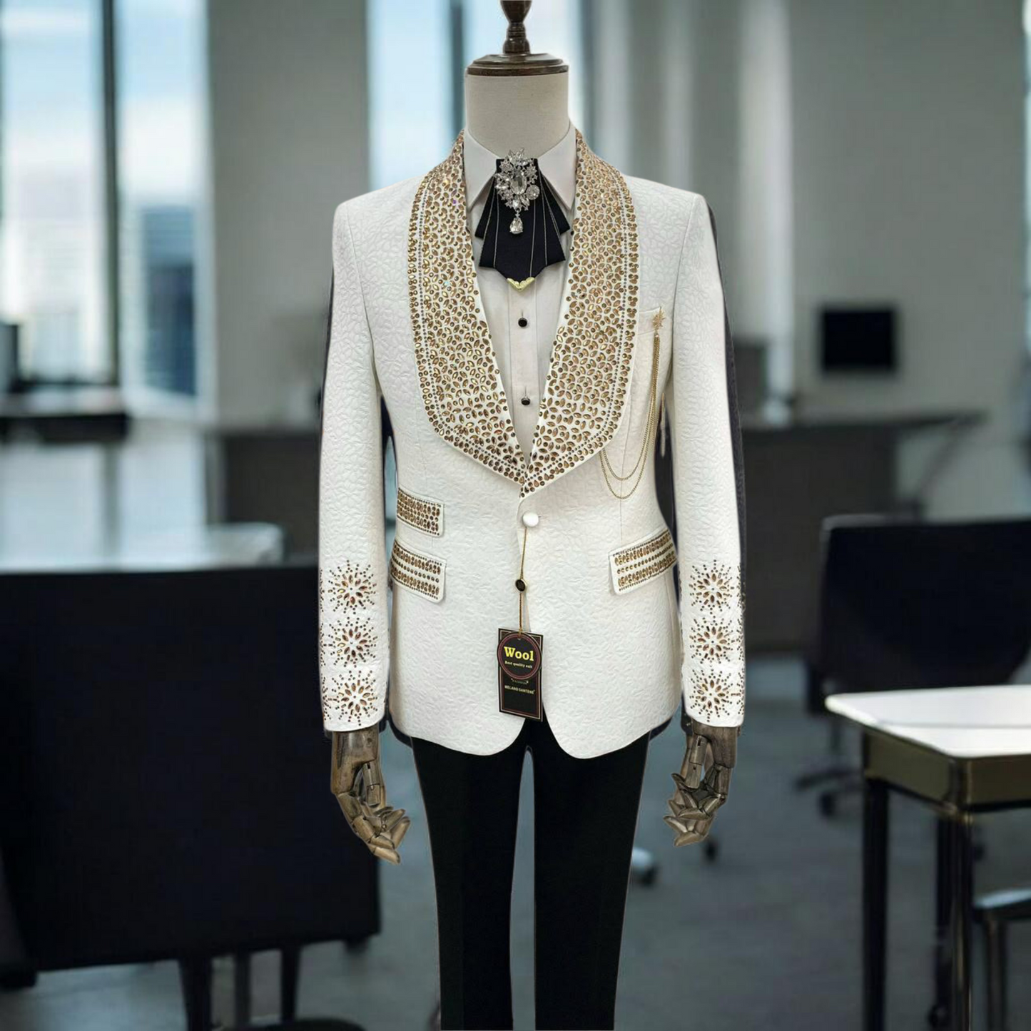 Premium Men's Wedding Suit – Black & White with Stone Embellishments